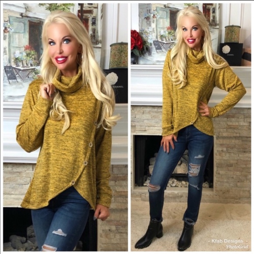 Mustard Cowl Neck Top with Button Detail - Picture 4 of 5